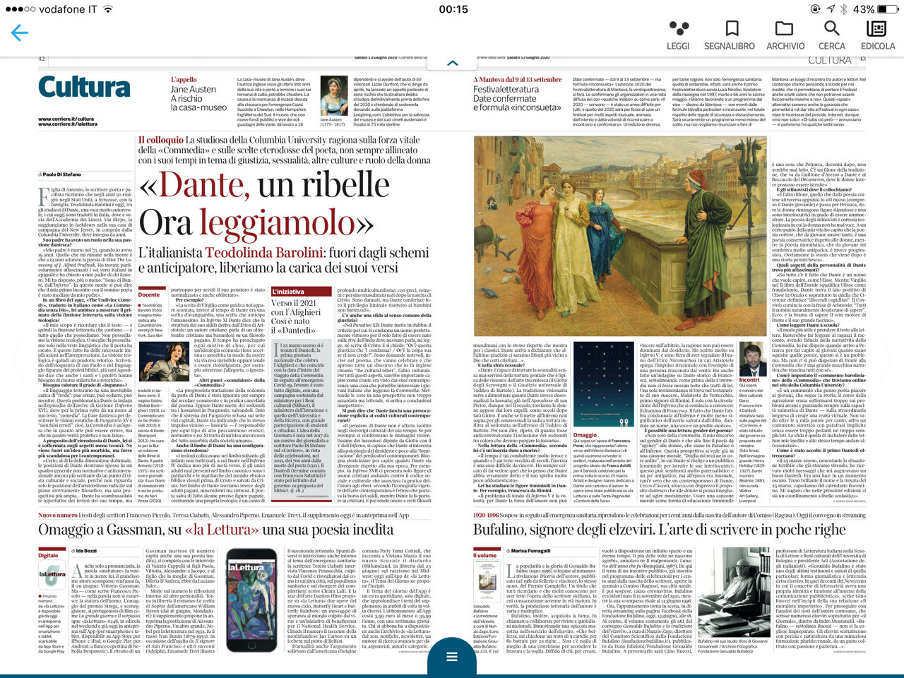 An interview with Teodolinda Barolini in Corriere della Sera, 6/13/20
