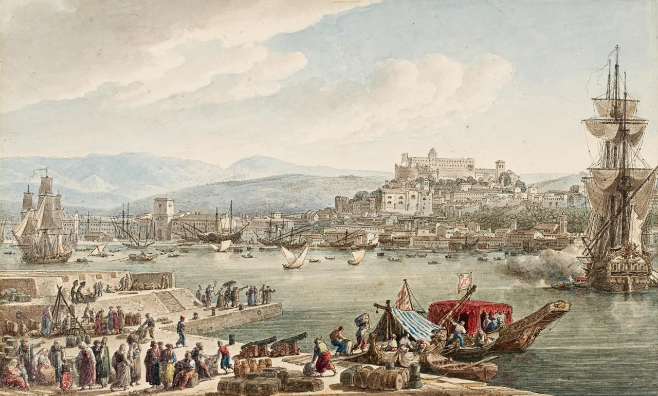 Louis Francois Cassas (1756–1827), “The town and harbour of Trieste seen from the New Mole”, 1802, Victoria & Albert Museum (E.1865-1900)